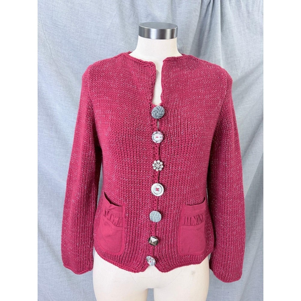 Pure Handknit Women's Red Cardigan Metallic Thread Cardigan Artisan Buttons